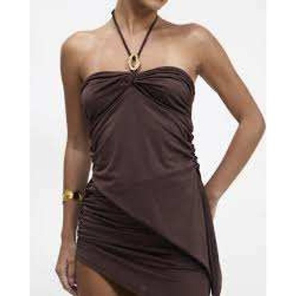 Gaze Chocolate Brown Ruched Halter Top Gold Ring Detail Asymmetrical  Medium